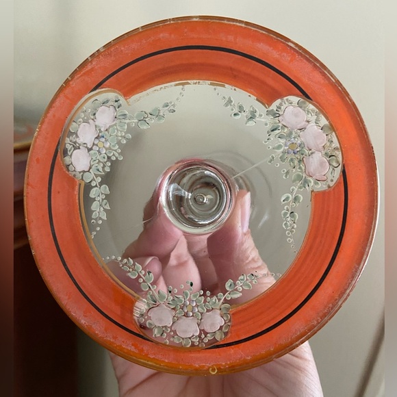 Vintage Set of 2 Candlesticks Clear w/ Hand painted Orange, Gold & Flowers - Picture 5 of 16